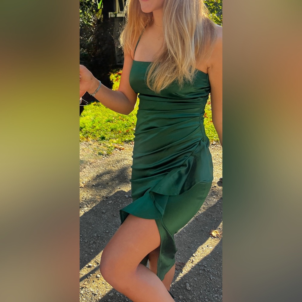 Emerald rouched ruffle Forest fairy Green Mini Dress bridesmaid formal dress